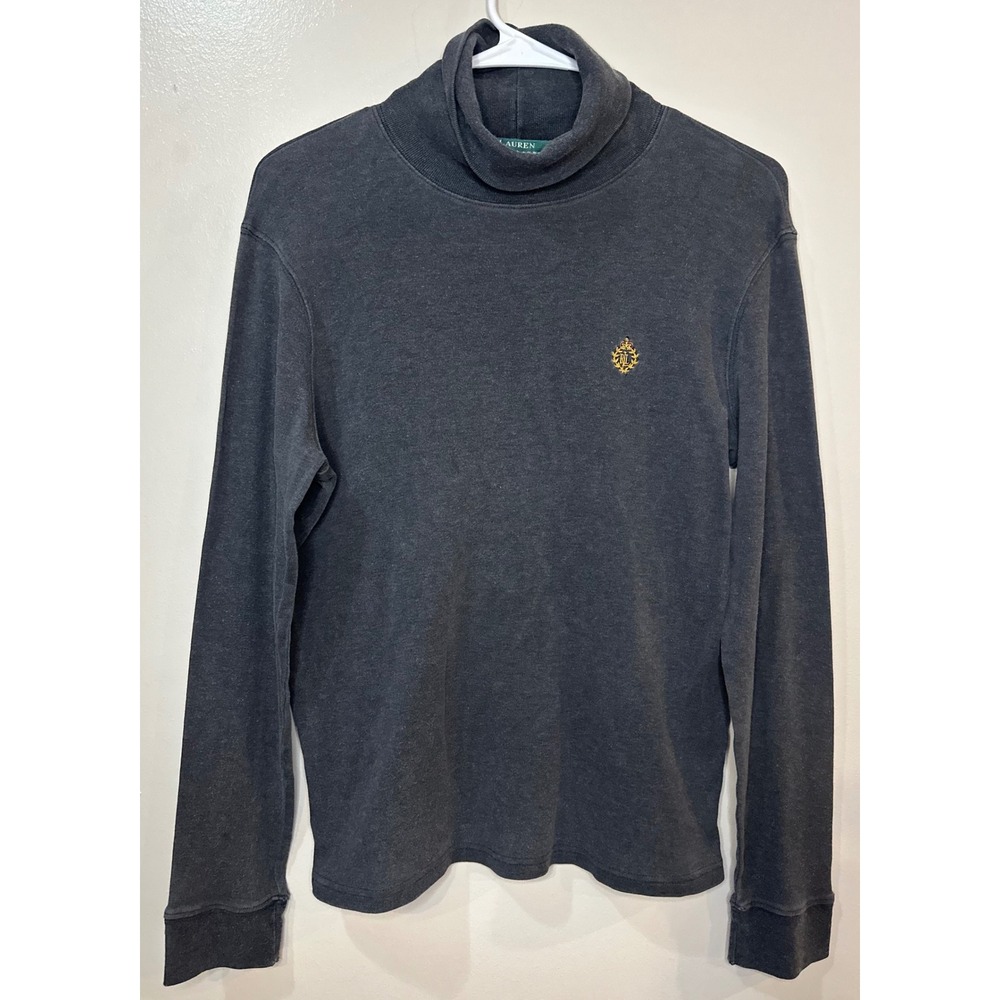 Lauren Ralph Lauren Womens Turtleneck Crest Logo Cotton Top Charcoal Grey Size M